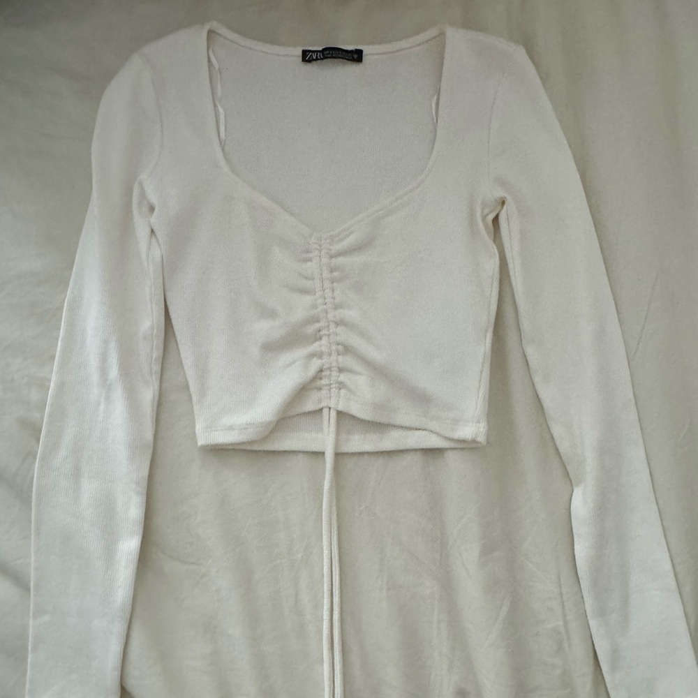 zara cinched long sleeve white top